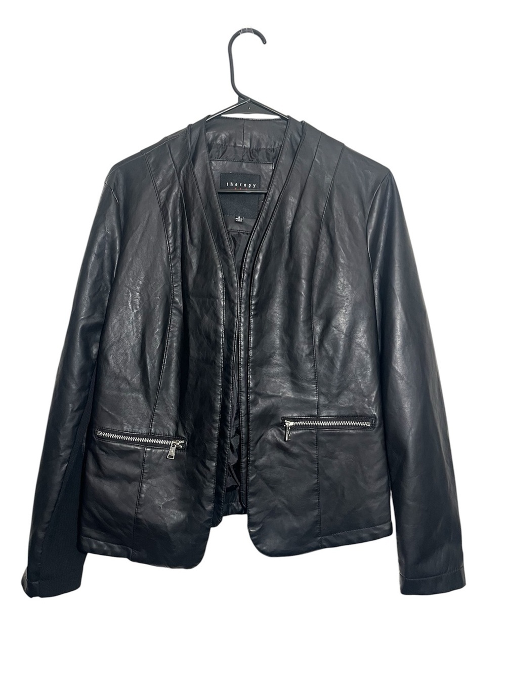 therapy Black Collarless Faux Leather Zip-Pocket Jacket